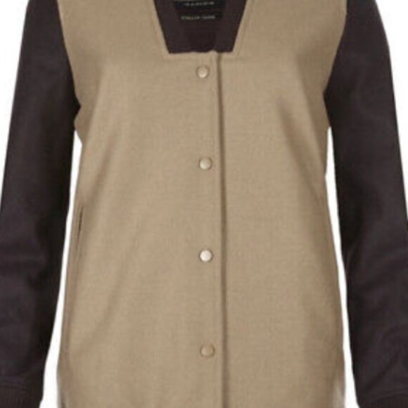 All Saints Size 8 Lucas Varsity Bomber Jacket Wool Camel Brown Snap Buttons - Picture 2 of 4